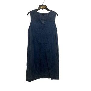 Talbots Denim Smocked V Neck Sleeveless Dress Size 8 Zipper Side